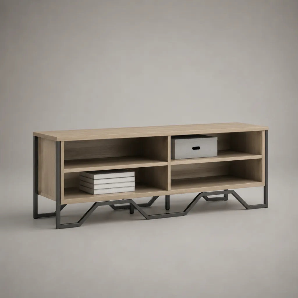 Meuble TV rectangulaire avec 4 niches en panneaux de particules mélaminés et acier, chêne clair et noir, 140 × 40 × 60 cm