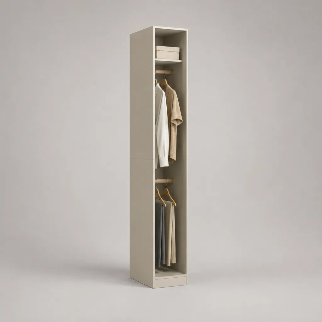 Armoire penderie ouverte étroite en panneaux de particules mélaminés, 2 tringles et 1 étagère, beige, 40 × 40 × 200 cm