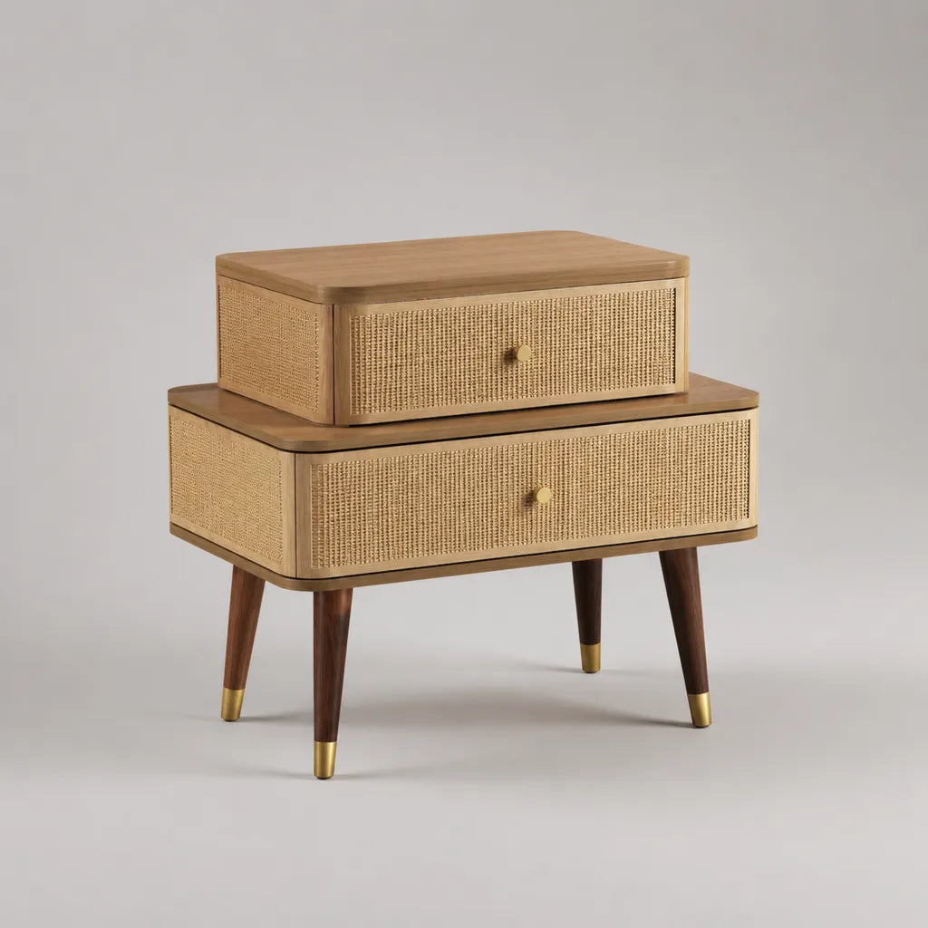Table de chevet rectangulaire à 2 tiroirs en bois, rotin et métal, marron naturel et doré, 70 × 40 × 78 cm