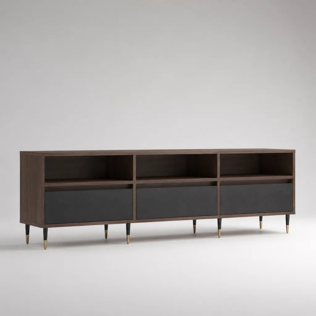 Meuble TV rectangulaire en panneaux MDF et acier, 3 tiroirs et 3 niches, noyer foncé et anthracite, 180 × 40 × 65 cm