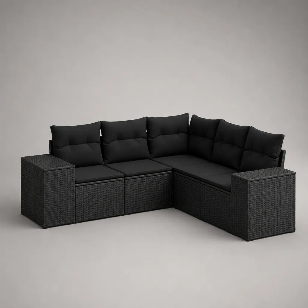 Canapé de jardin d’angle 5 places en résine tressée noire avec coussins en polyester, 238 × 182 × 73 cm