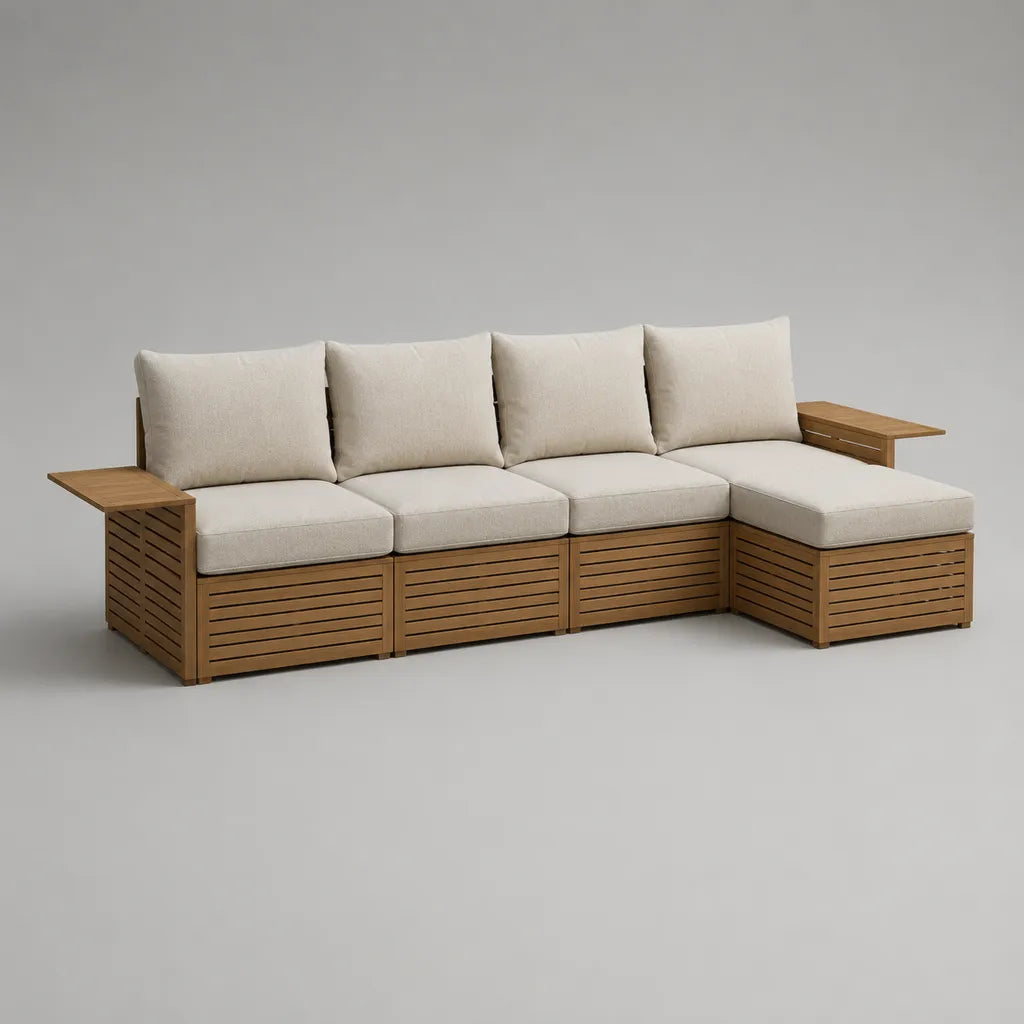 Canapé de jardin d’angle 4 places en bois avec méridienne droite, coussins beiges, brun naturel, 296 × 155 × 84 cm