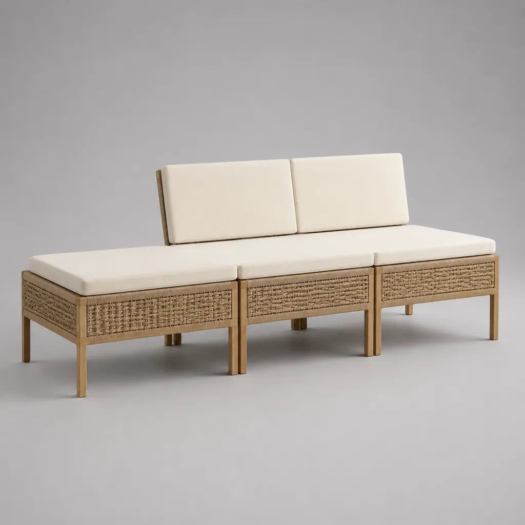 Canapé de jardin modulable 3 places, 3 modules en bois et résine tressée, beige naturel et écru, 210 × 75 × 75 cm