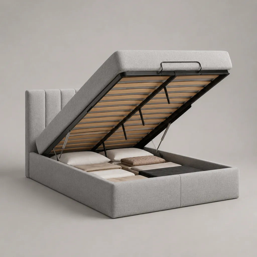 Lit coffre double 160 x 200 cm en polyester et acier, gris clair, dimensions 214 x 174 x 110 cm