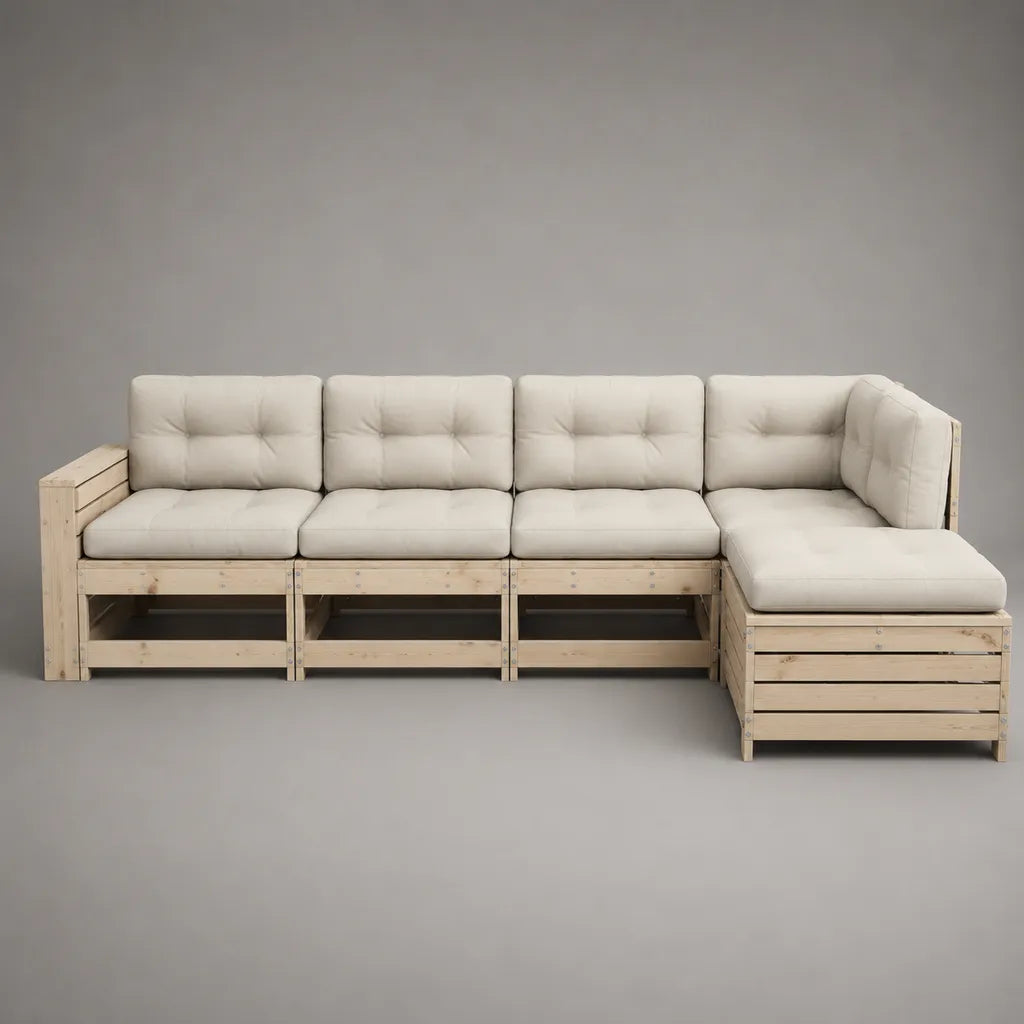 Canapé de jardin d’angle modulable 4 places en bois avec coussins en tissu beige, 272 × 150 × 80 cm