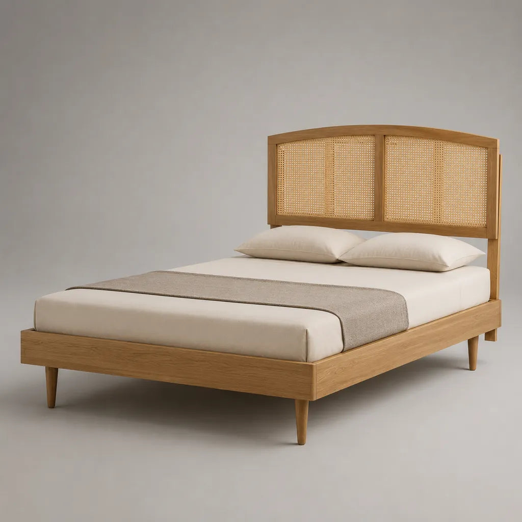 Lit 2 places en bois marron clair 160 × 200 cm avec sommier à lattes et tête de lit en cannage beige, 208 × 168 × 130 cm