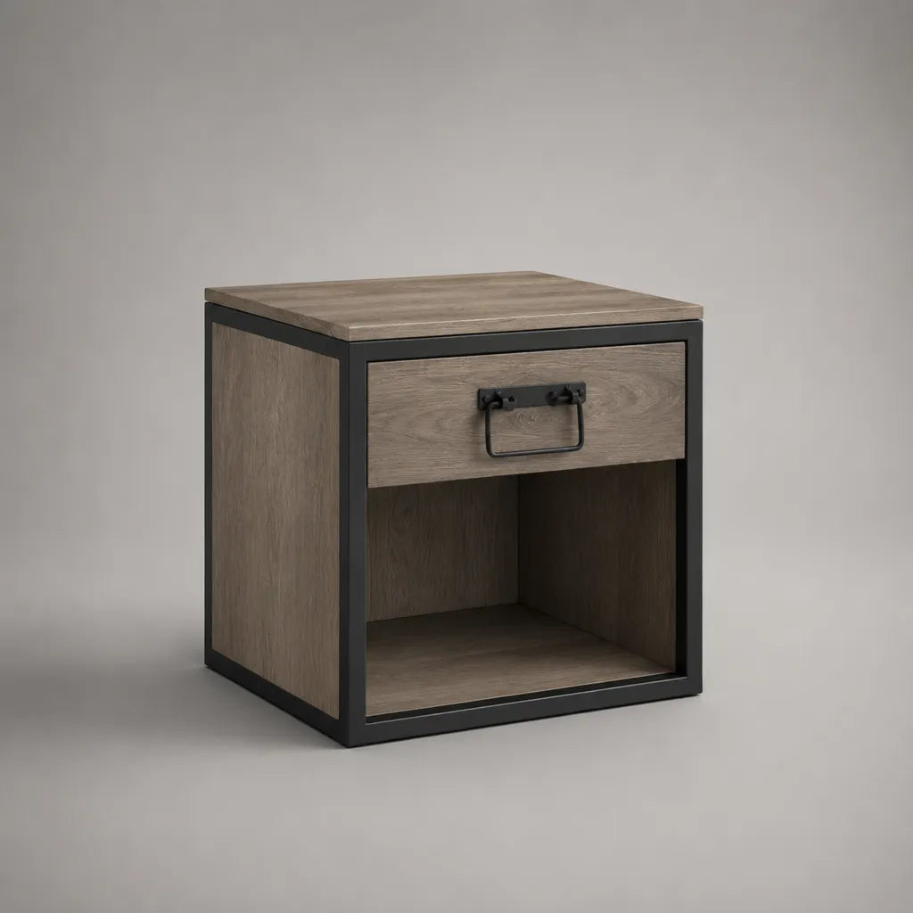 Table de chevet rectangulaire en MDF et acier, marron et noire, avec tiroir et niche, 45 x 40 x 55 cm