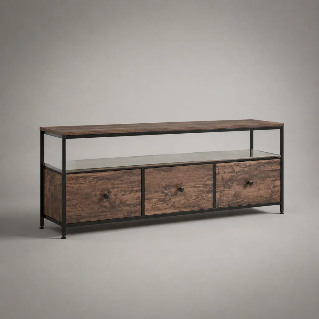 Meuble TV en panneaux de particules, acier et verre trempé avec 3 tiroirs, marron, noir et transparent, 140 × 40 × 60 cm