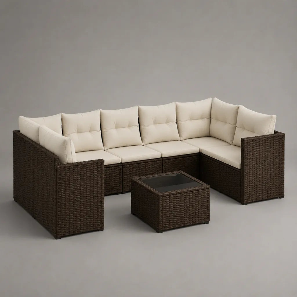 Canapé de jardin d’angle 7 pièces 6 places en résine tressée PE marron et tissu beige avec table, 230 × 230 × 74 cm