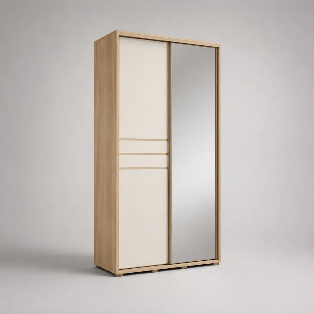 Armoire penderie rectangulaire en bois à 2 portes coulissantes avec miroir, chêne clair et crème, 120 × 60 × 200 cm
