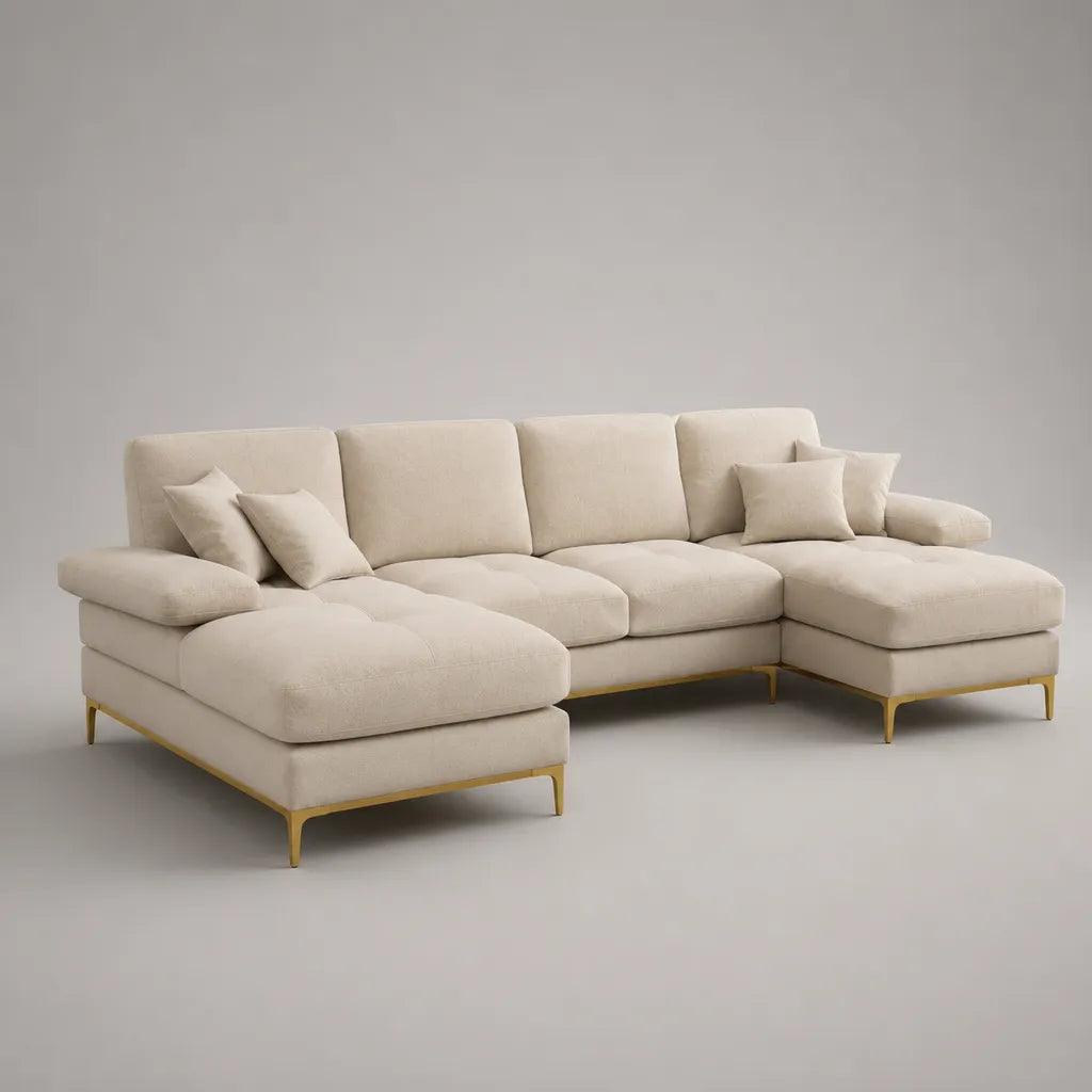 Canapé panoramique 4 places en tissu, forme en U, beige et doré, pieds en acier, 305 × 160 × 85 cm