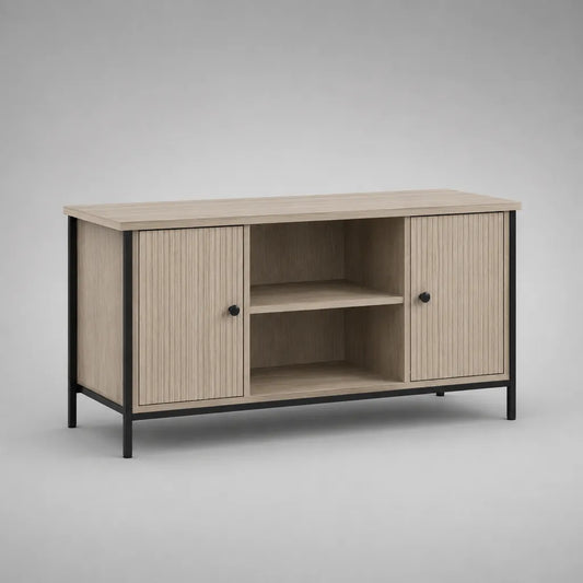 Meuble TV rectangulaire en panneaux de particules mélaminés et acier, chêne clair et noir, 120 × 40 × 65 cm, 2 portes et 2 niches