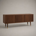 Meuble TV bas à 3 portes en MDF plaqué noyer, brun noyer et doré, 160 × 40 × 70 cm