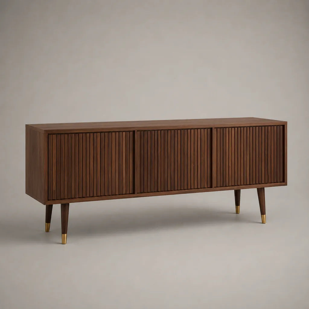 Meuble TV bas à 3 portes en MDF plaqué noyer, brun noyer et doré, 160 × 40 × 70 cm
