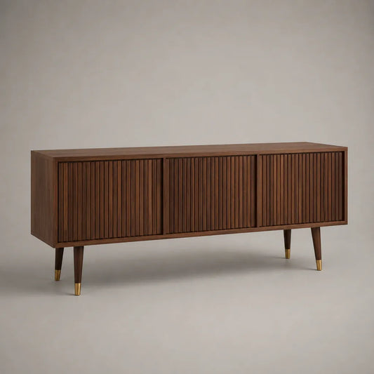 Meuble TV bas à 3 portes en MDF plaqué noyer, brun noyer et doré, 160 × 40 × 70 cm