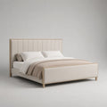 Cadre de lit double rembourré 160 × 200 cm en polyester beige et bois de pin massif, tête de lit haute