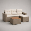 Ensemble de jardin d’angle 3 places, 3 pièces en résine tressée, métal et bois, taupe, beige et marron, 190 × 130 × 75 cm