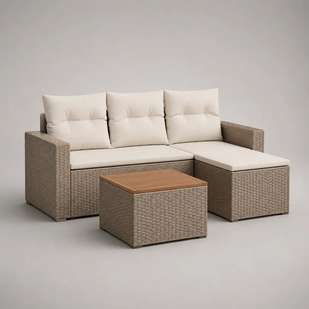 Ensemble de jardin d’angle 3 places, 3 pièces en résine tressée, métal et bois, taupe, beige et marron, 190 × 130 × 75 cm