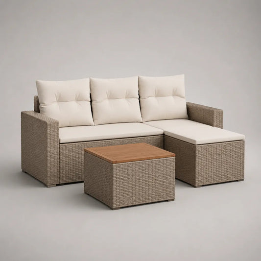 Ensemble de jardin d’angle 3 places, 3 pièces en résine tressée, métal et bois, taupe, beige et marron, 190 × 130 × 75 cm