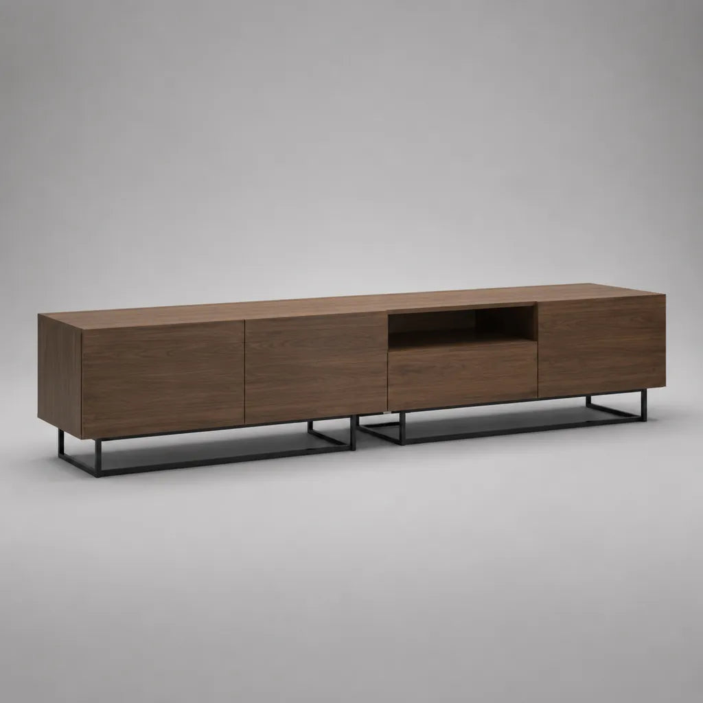 Meuble TV bas avec rangements en panneaux plaqués noyer et acier noir, brun noyer et noir, 220 × 40 × 55 cm