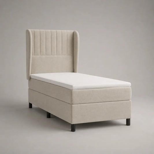 Lit continental 1 place en tissu beige clair avec tête de lit à oreilles, matelas et surmatelas, couchage 90 × 200 cm