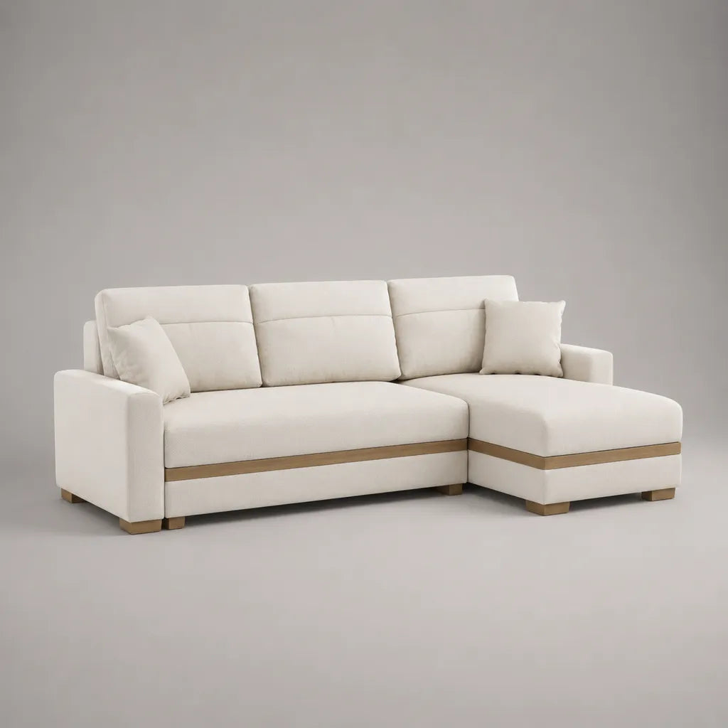 Canapé d’angle 3 places avec méridienne droite, revêtement en polyester ivoire et brun clair, 255 × 160 × 90 cm