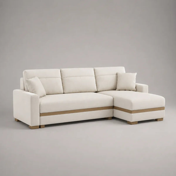 Canapé d’angle 3 places avec méridienne droite, revêtement en polyester ivoire et brun clair, 255 × 160 × 90 cm