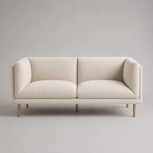 Canapé 2 places en bouclette polyester blanc cassé avec pieds en acier doré, 180 × 82 × 80 cm