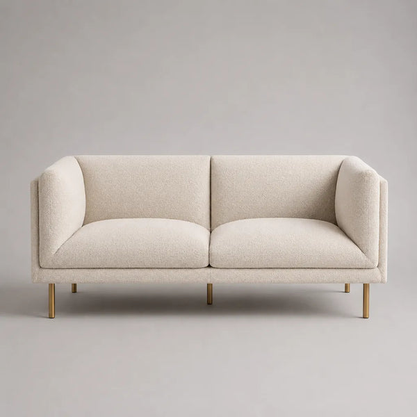 Canapé 2 places en bouclette polyester blanc cassé avec pieds en acier doré, 180 × 82 × 80 cm