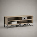 Meuble TV rectangulaire avec 4 niches en panneaux de particules mélaminés et acier, chêne clair et noir, 140 × 40 × 60 cm