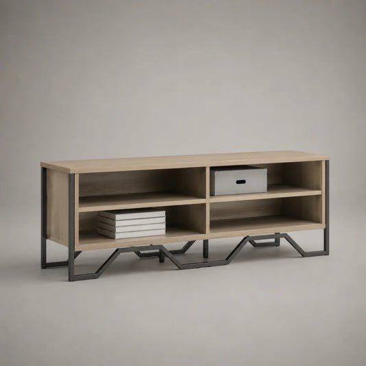 Meuble TV rectangulaire avec 4 niches en panneaux de particules mélaminés et acier, chêne clair et noir, 140 × 40 × 60 cm