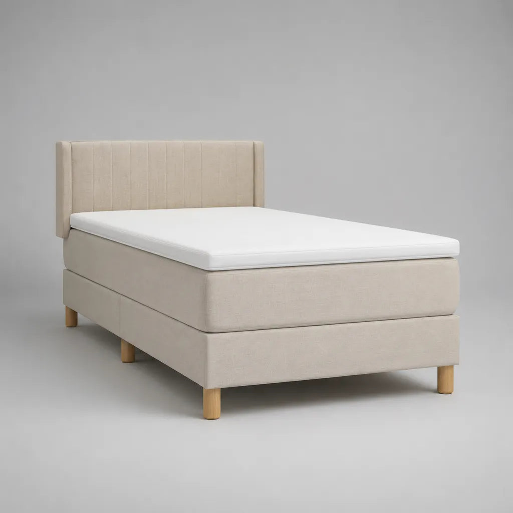 Lit tapissier 2 places en tissu beige avec tête de lit, matelas et surmatelas, couchage 140 × 200 cm
