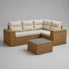 Canapé de jardin d’angle 5 places avec table basse en bois et tissu beige – 220 × 220 × 80 cm et 80 × 80 × 40 cm