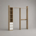 Dressing ouvert en bois et métal, chêne clair, blanc et chromé, 180 × 40 × 220 cm