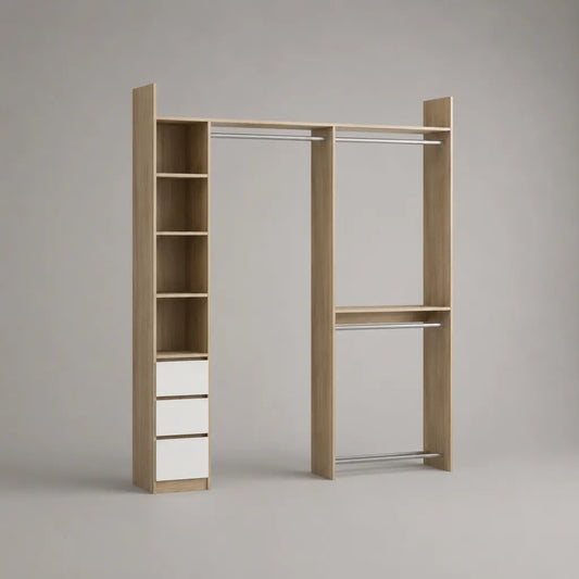 Dressing ouvert en bois et métal, chêne clair, blanc et chromé, 180 × 40 × 220 cm
