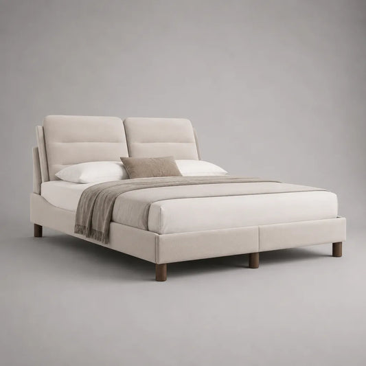 Lit double rembourré en polyester beige 160 x 200 cm, dimensions 174 x 220 x 110 cm, tête de lit et sommier à lattes