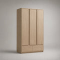 Armoire de rangement rectangulaire en panneaux de particules, 3 portes et 2 tiroirs, chêne clair, 150 × 58 × 220 cm