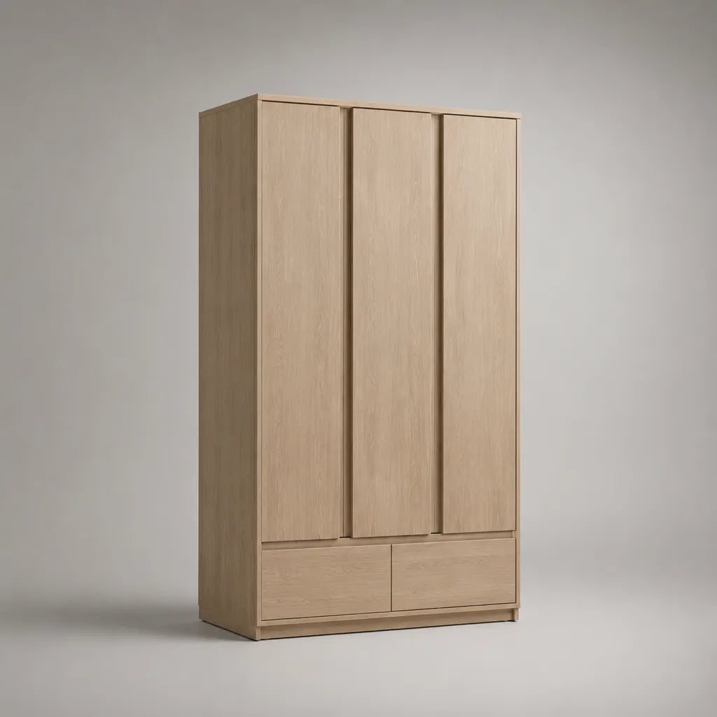 Armoire de rangement rectangulaire en panneaux de particules, 3 portes et 2 tiroirs, chêne clair, 150 × 58 × 220 cm