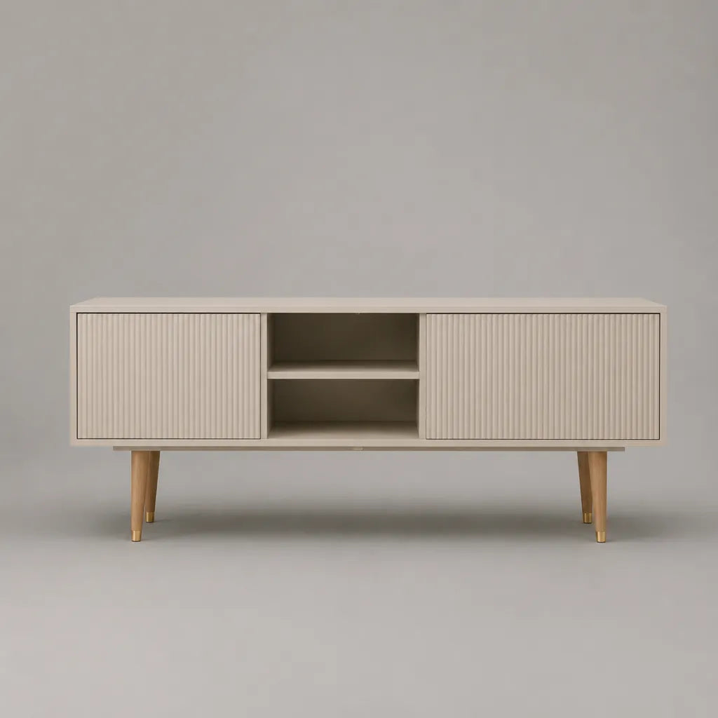 Meuble TV en MDF cannelé ivoire avec pieds en bois, 150 × 40 × 60 cm