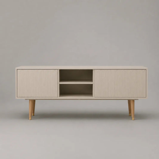 Meuble TV en MDF cannelé ivoire avec pieds en bois, 150 × 40 × 60 cm