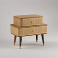 Table de chevet rectangulaire à 2 tiroirs en bois, rotin et métal, marron naturel et doré, 70 × 40 × 78 cm