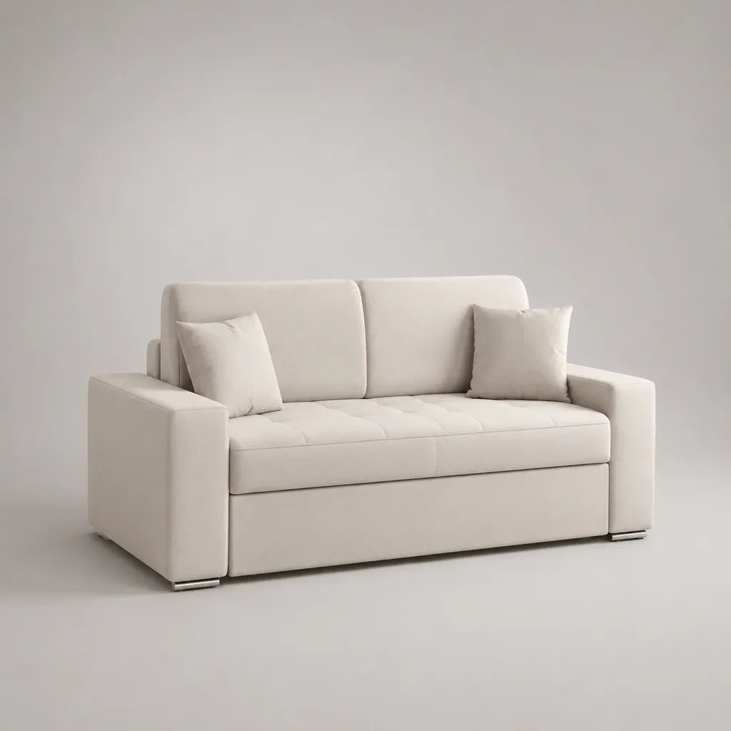 Canapé 3 places rectangulaire en tissu polyester beige, assise capitonnée, 190 x 88 x 86 cm, avec 2 coussins