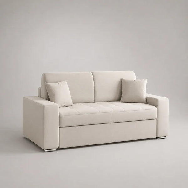Canapé 3 places rectangulaire en tissu polyester beige, assise capitonnée, 190 x 88 x 86 cm, avec 2 coussins