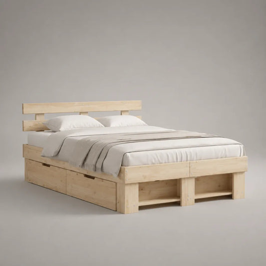 Lit double avec rangement en bois massif naturel, couchage 160 × 200 cm