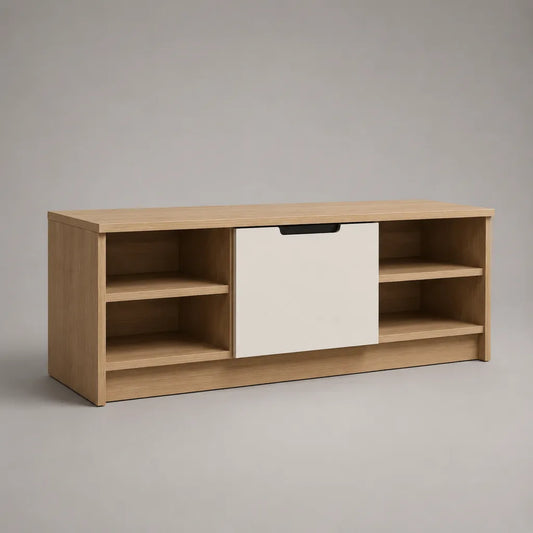 Meuble TV bas rectangulaire en bois, chêne clair et blanc, 120 × 40 × 55 cm