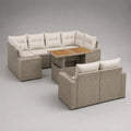 Salon repas de jardin 9 places en résine tressée grège, 320 × 245 × 75 cm, table 145 × 74 × 67 cm