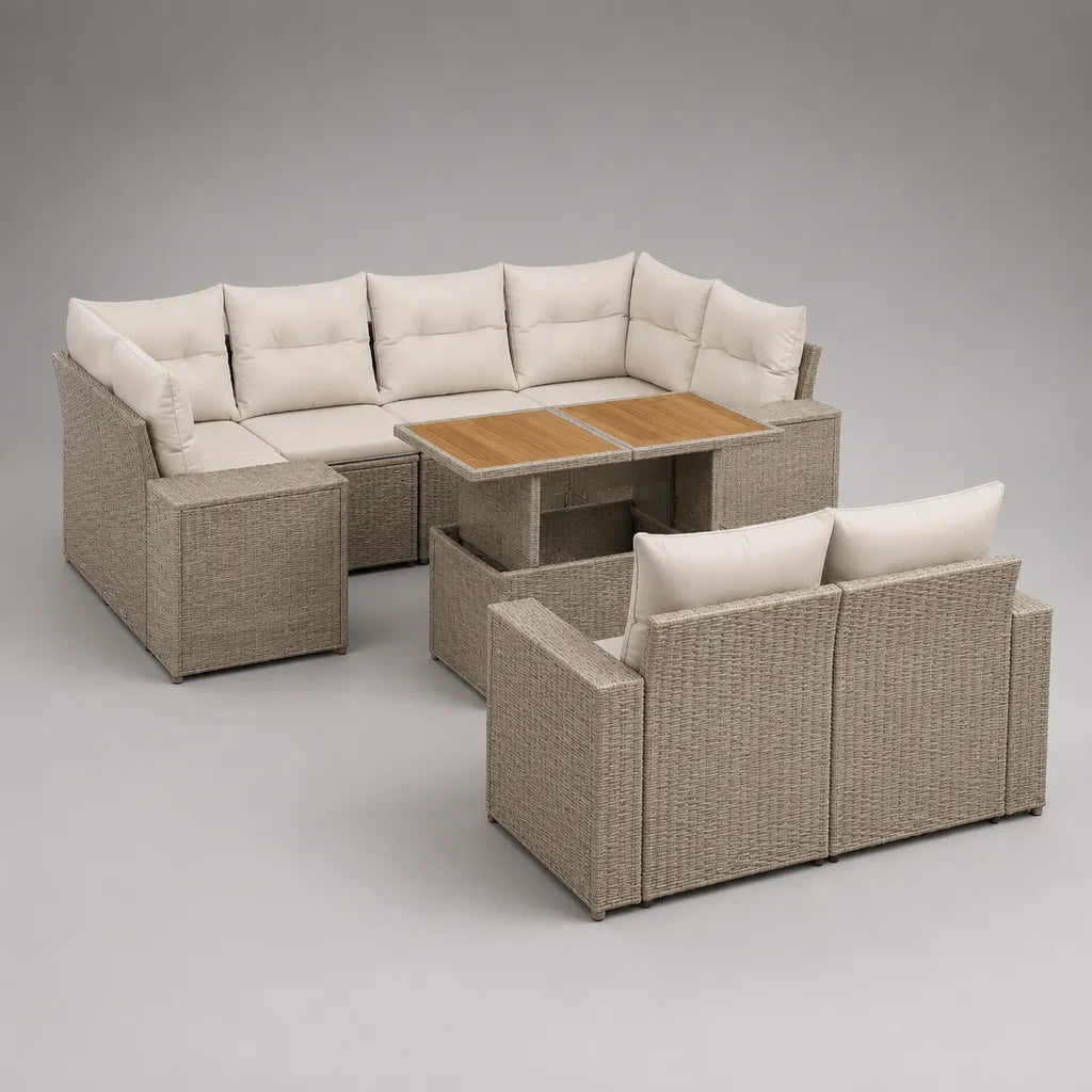Salon repas de jardin 9 places en résine tressée grège, 320 × 245 × 75 cm, table 145 × 74 × 67 cm