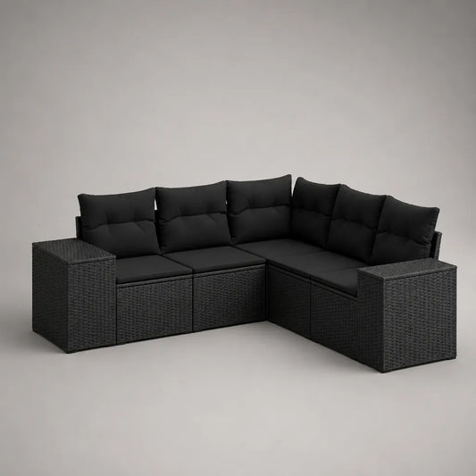 Canapé de jardin d’angle 5 places en résine tressée noire avec coussins en polyester, 238 × 182 × 73 cm