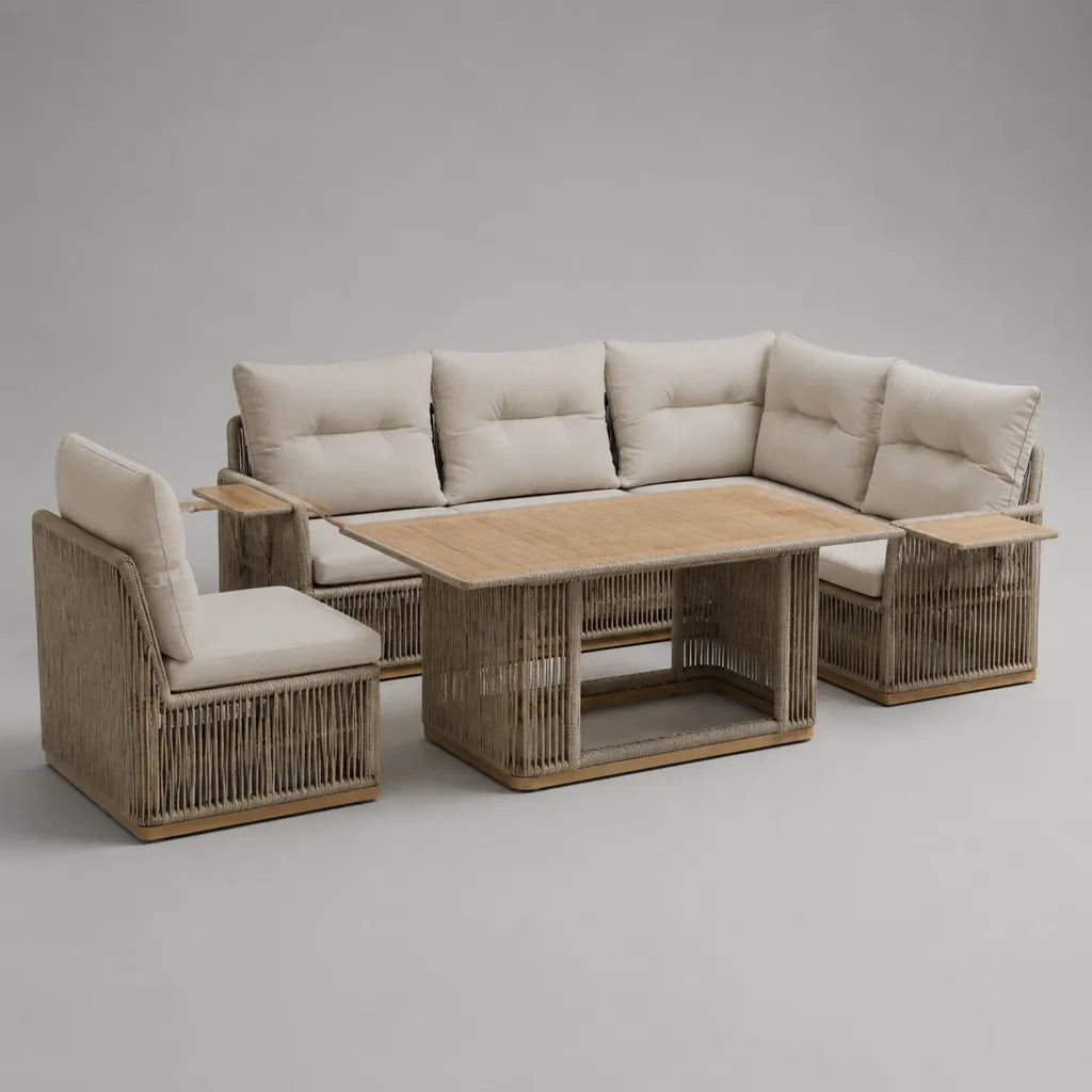 Ensemble de jardin extérieur 3 pièces en aluminium, corde PE et acacia, canapé d’angle 5 places 247 × 185 × 82 cm, fauteuil et table 140 × 80 × 68 cm, beige et taupe