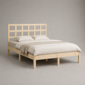 Lit double en pin massif avec sommier à lattes, bois naturel, couchage 140 × 190 cm, dimensions 198 × 148 × 100 cm